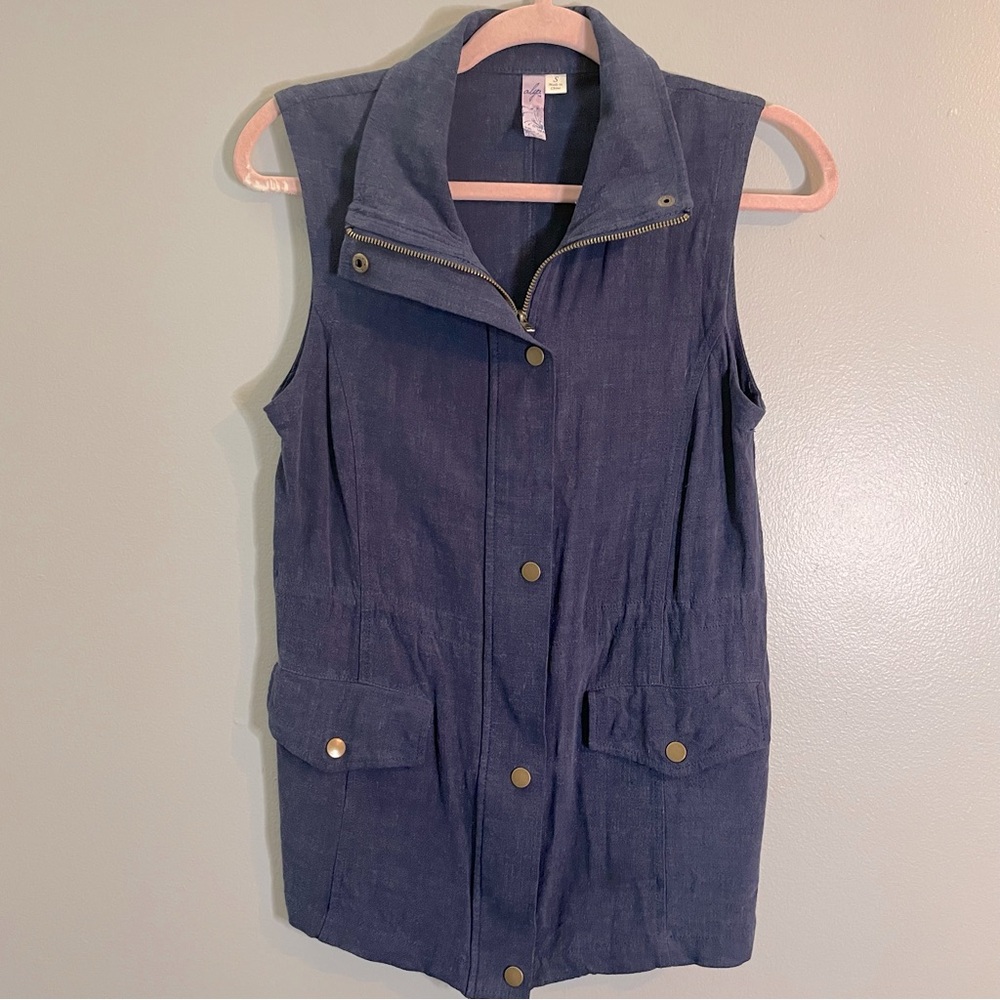 ALYA Womens Blue Linen Blend Long Full Zip Vest SZ/Small
